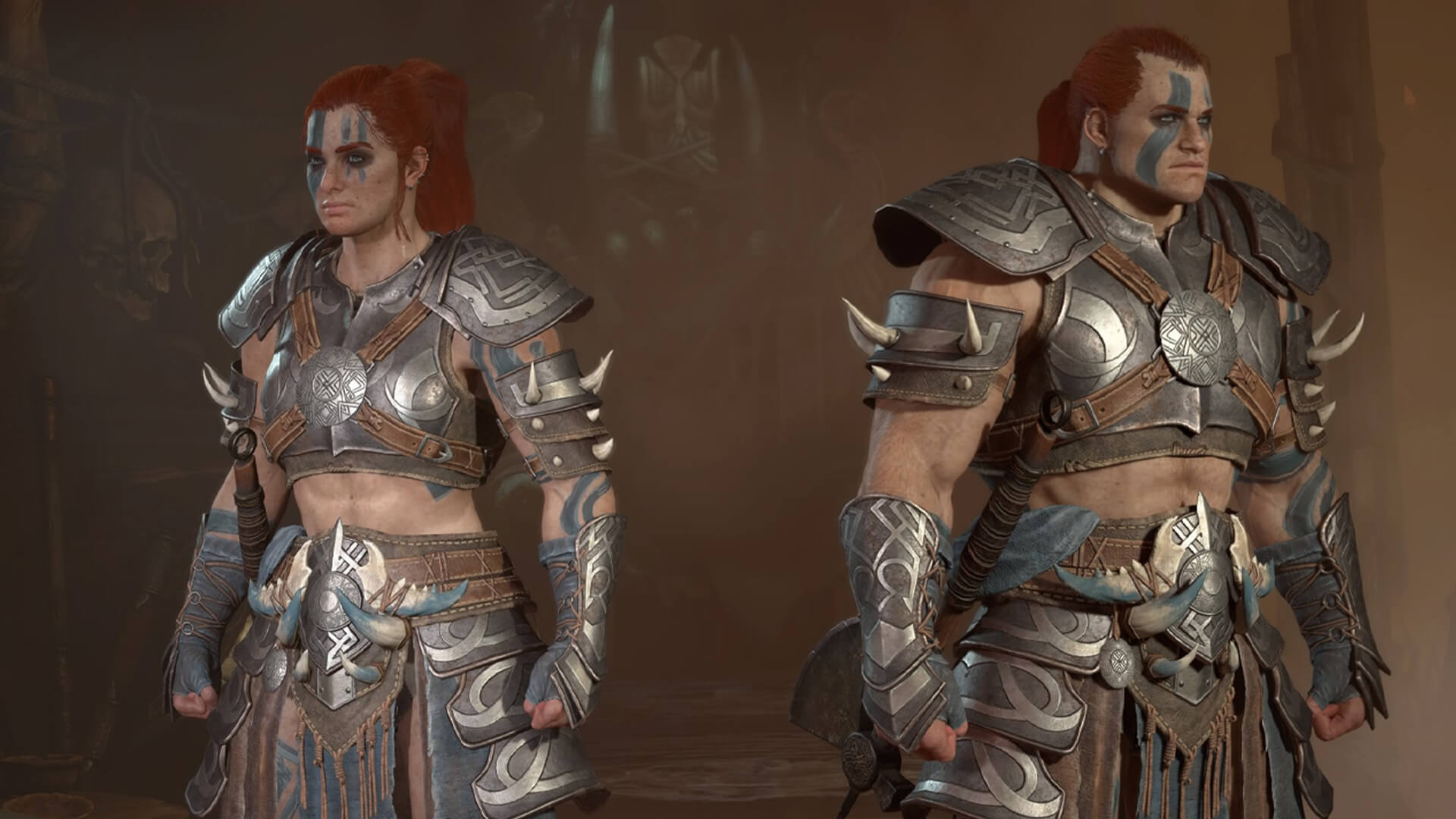 Diablo 4 Barbarian build showcase featuring HotA, Whirlwind, Thorns, Bleed, and Mighty Throw skill setups for endgame content
